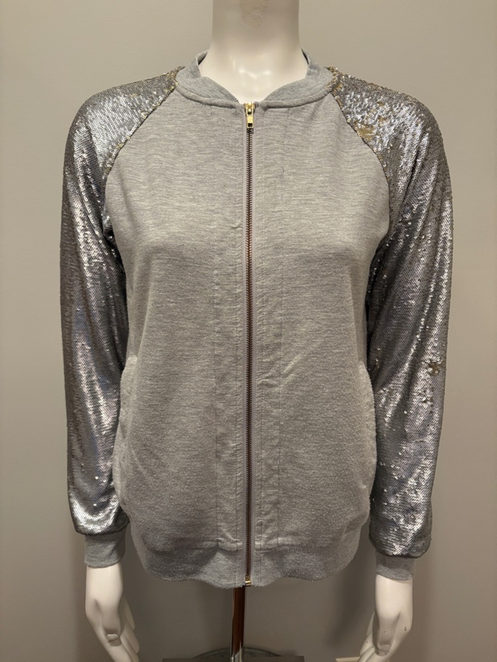 Kut from the Kloth Gray Full Front Zip Sweatshirt Jacket Top with Sequins Size M